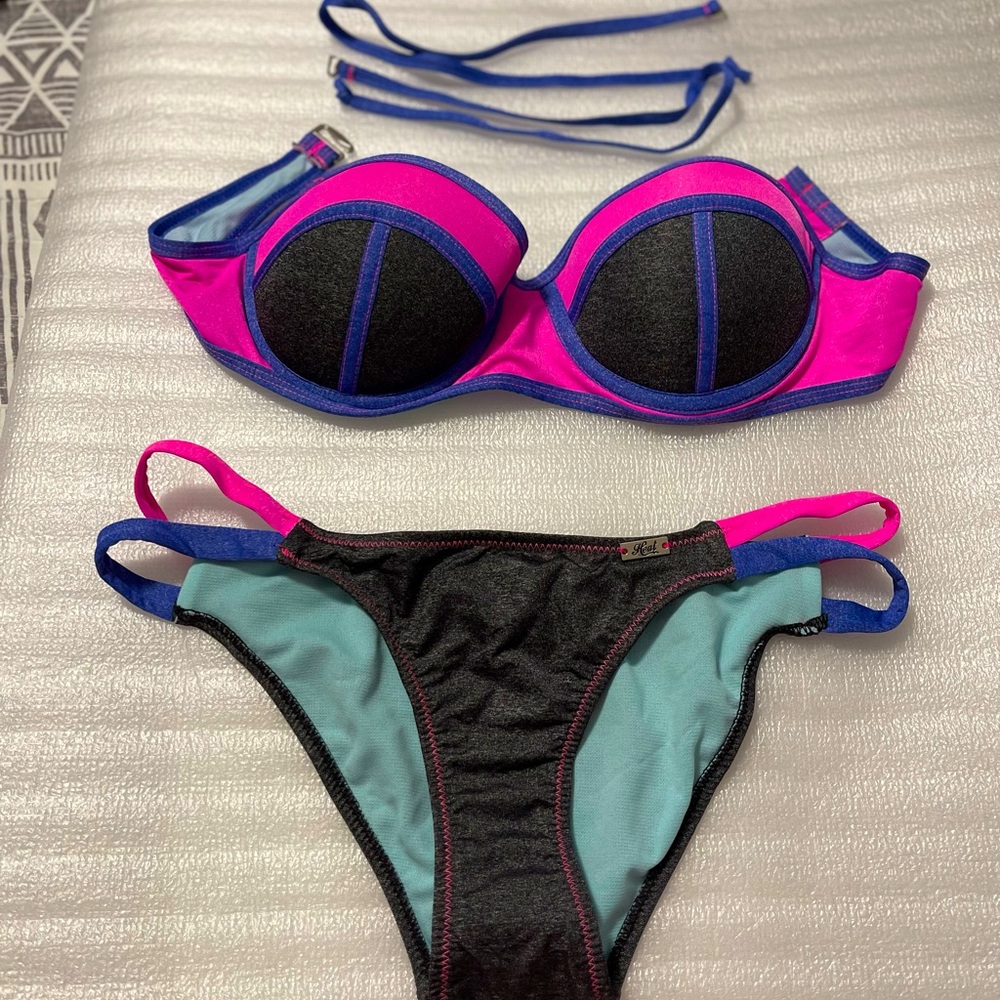 Heat Swimwear Pink Blue Strapless Bikini Top and Bottom with straps